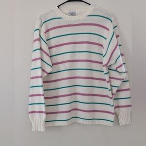 Vintage Striped White Sweater with Pink and Green